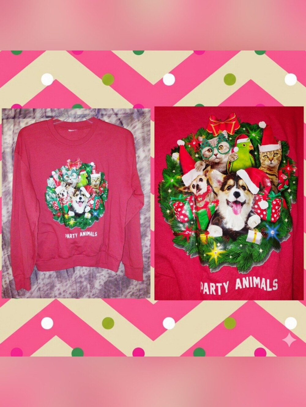 Lt Red/Multiclr 'Party Animals' Christmas Holiday Theme Knit Sweatshirt Sz Med